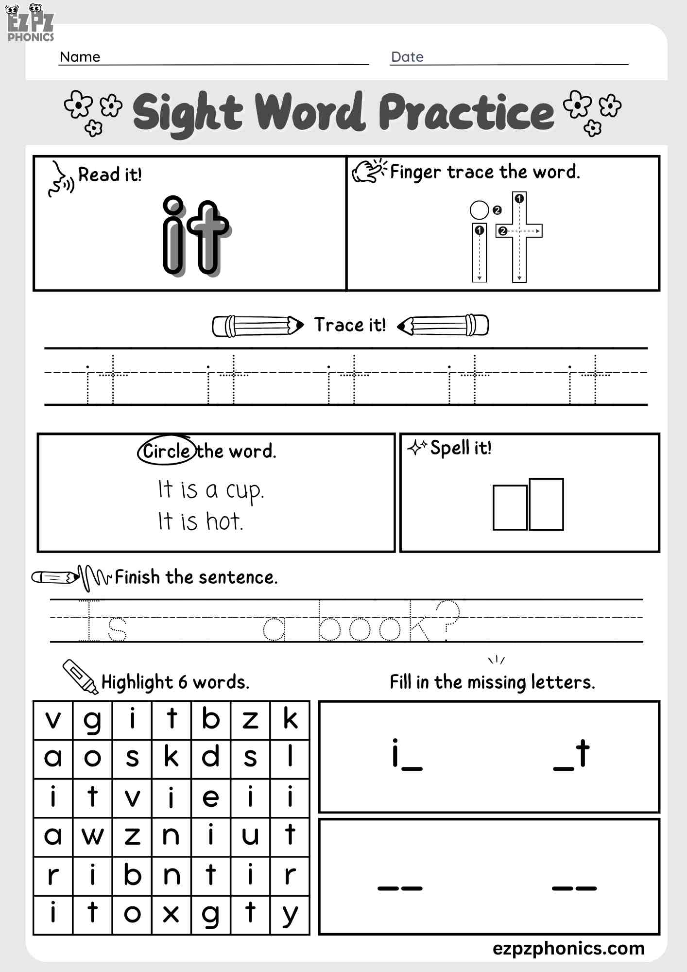 The Word "It" Dolch Sight Word Worksheet Activity for Pre-Kindergarten and Kindergarten Students ...